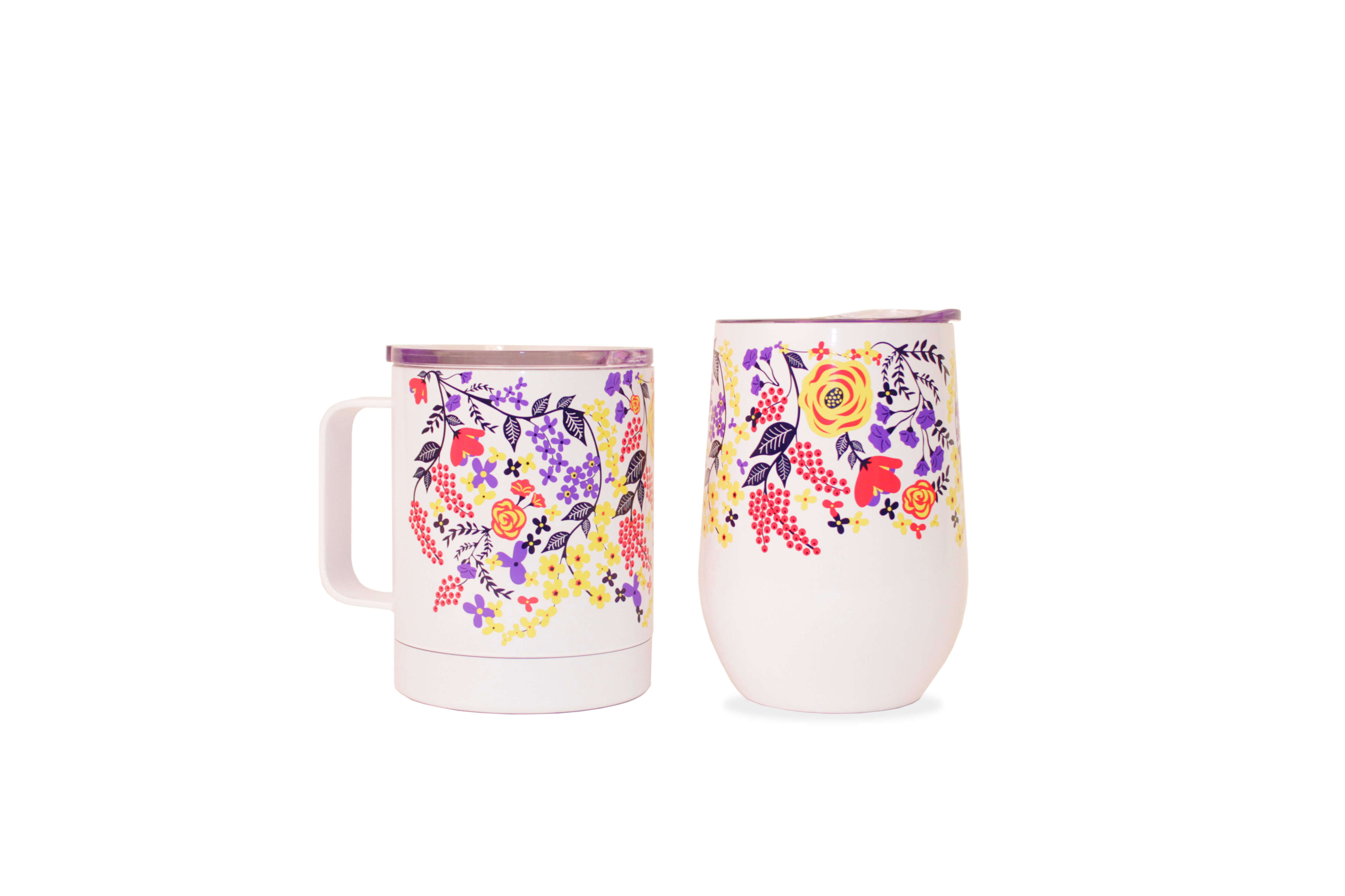 Double Wall Vacuum Insulated Stainless Steel Travel Mug and Wine Tumbler  Set 14 fl. oz White Floral